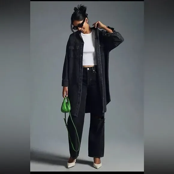 PILCRO Anthropologie Ribbed Button Down Duster Shacket in Gray Black Size XL - Picture 3 of 4